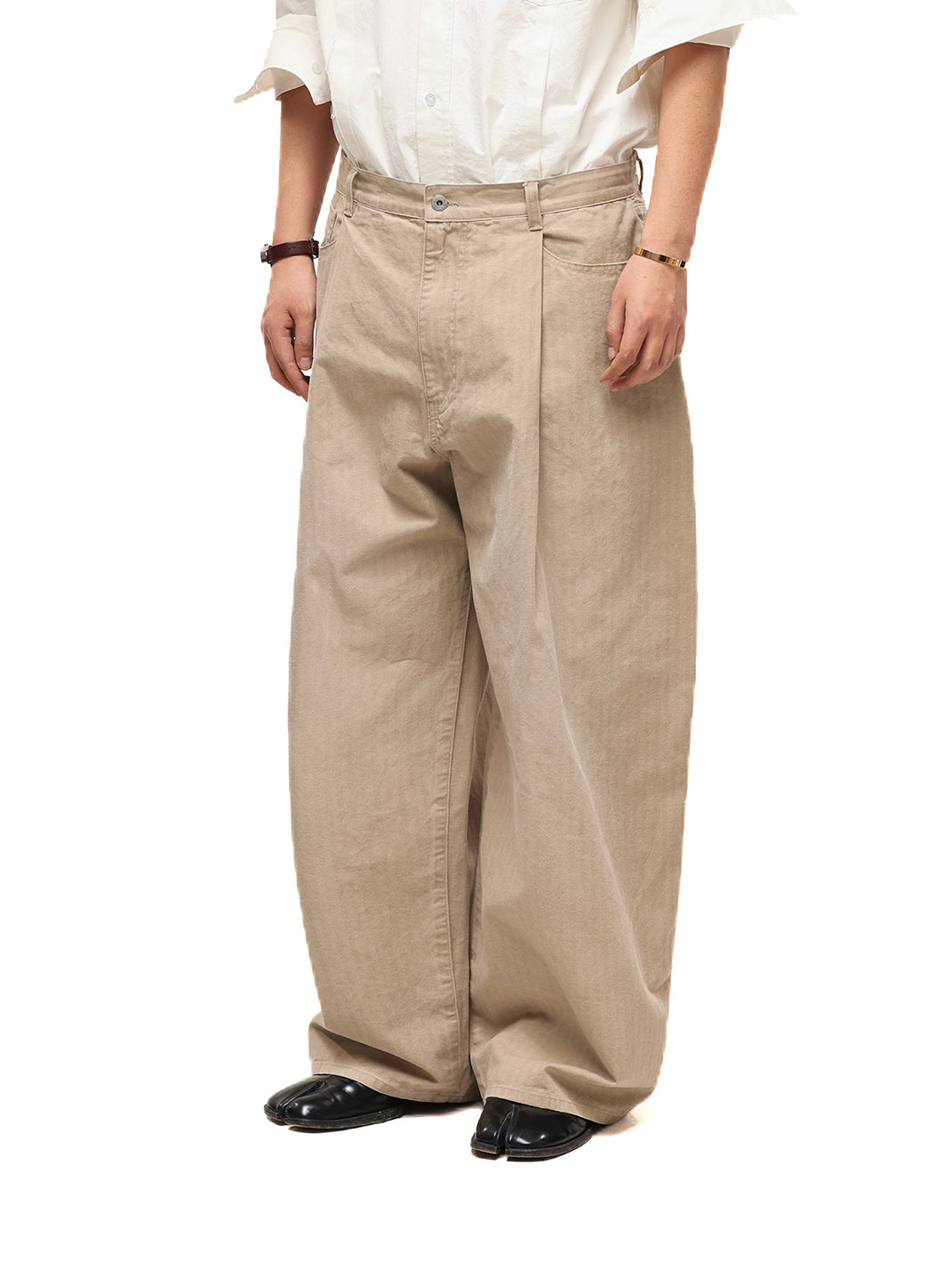 Khaki Classic Herringbone Washed Wide-Leg Trousers