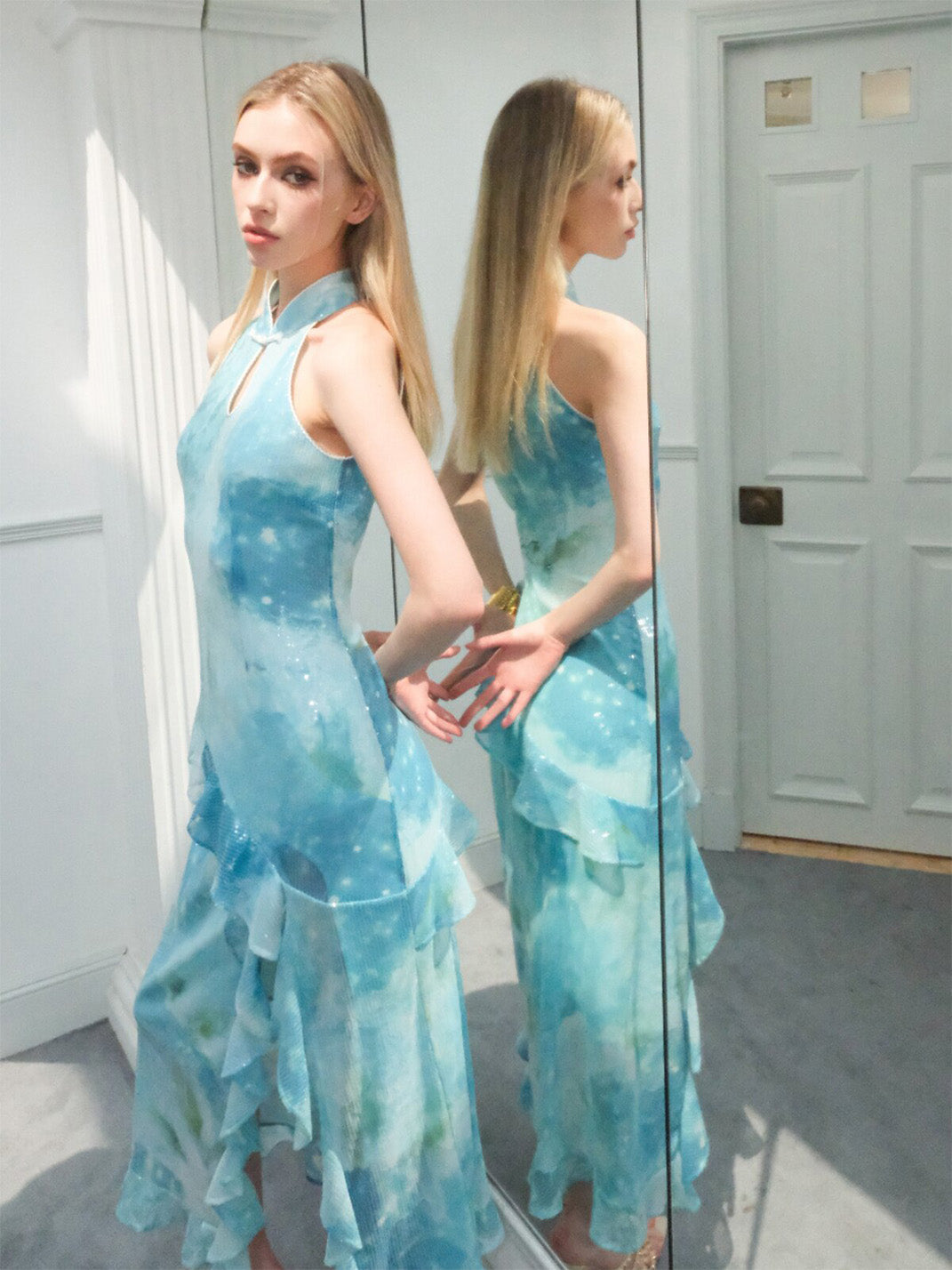 Mint Sequin Ruffle Cheongsam Dress
