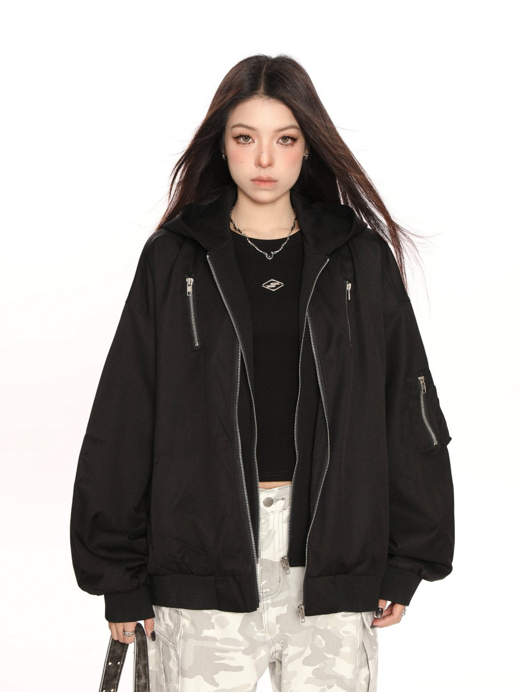 Hooded Bomber Jacket Faux 2 Piece Design