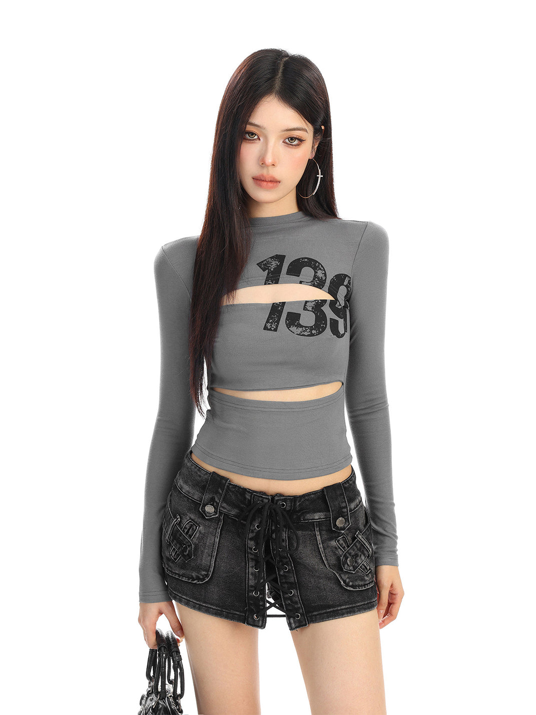 Cutout Number Graphic Long-Sleeve Top