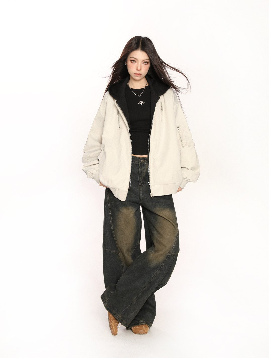 Hooded Bomber Jacket Faux 2 Piece Design