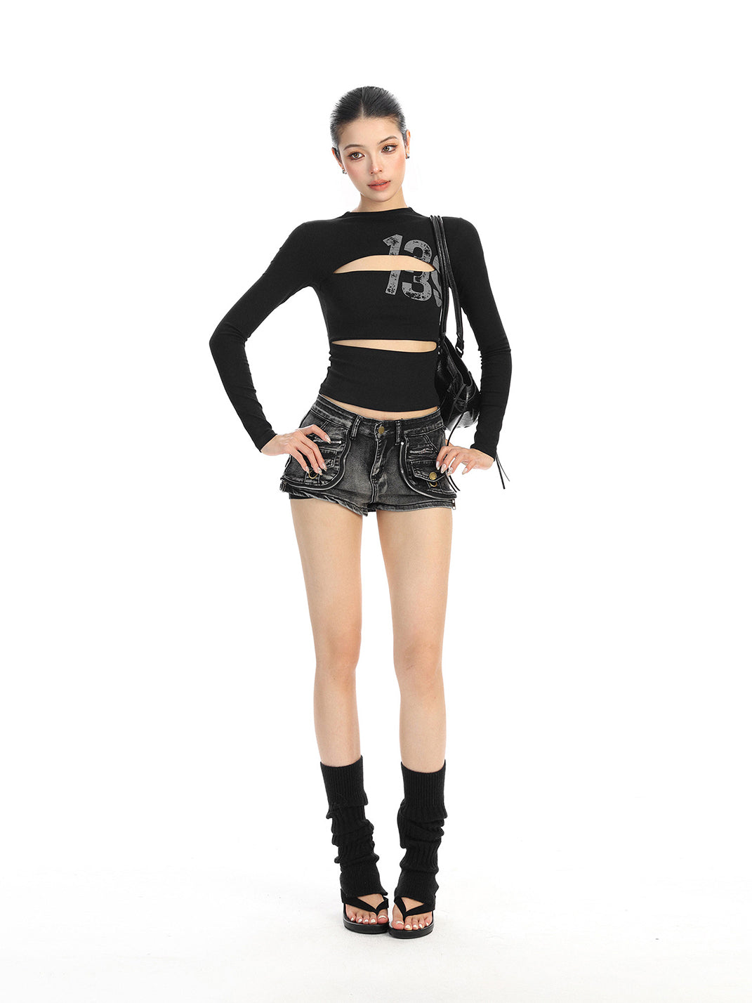 Cutout Number Graphic Long-Sleeve Top
