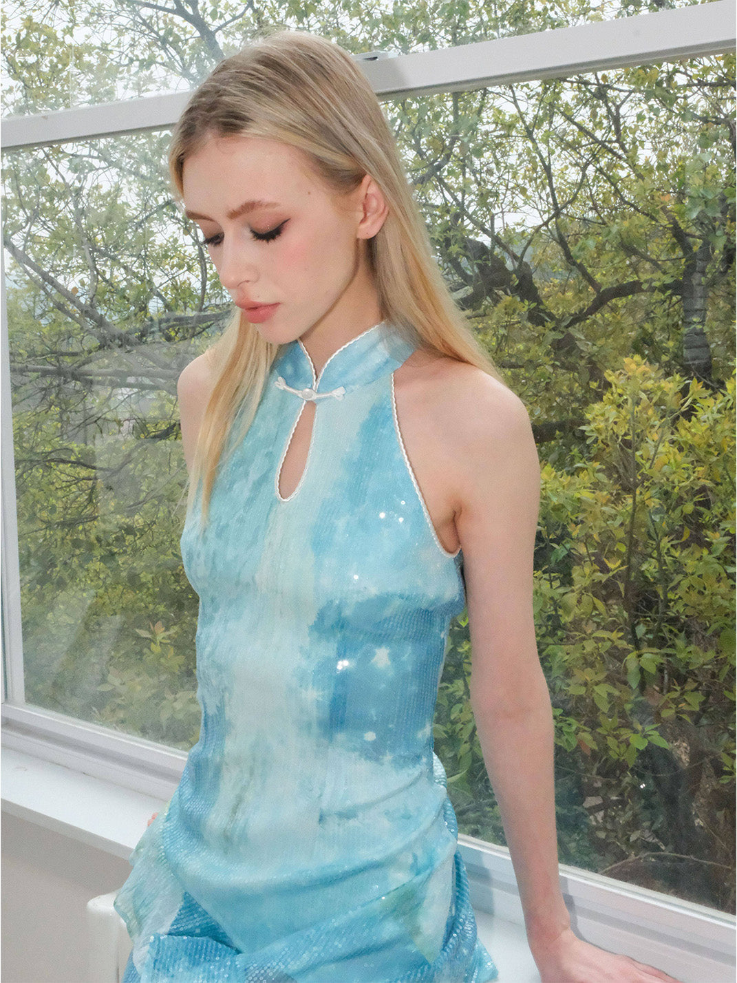Mint Sequin Ruffle Cheongsam Dress