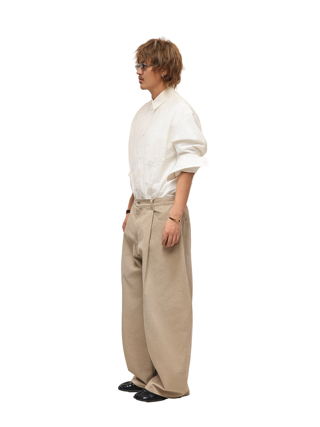 Khaki Classic Herringbone Washed Wide-Leg Trousers
