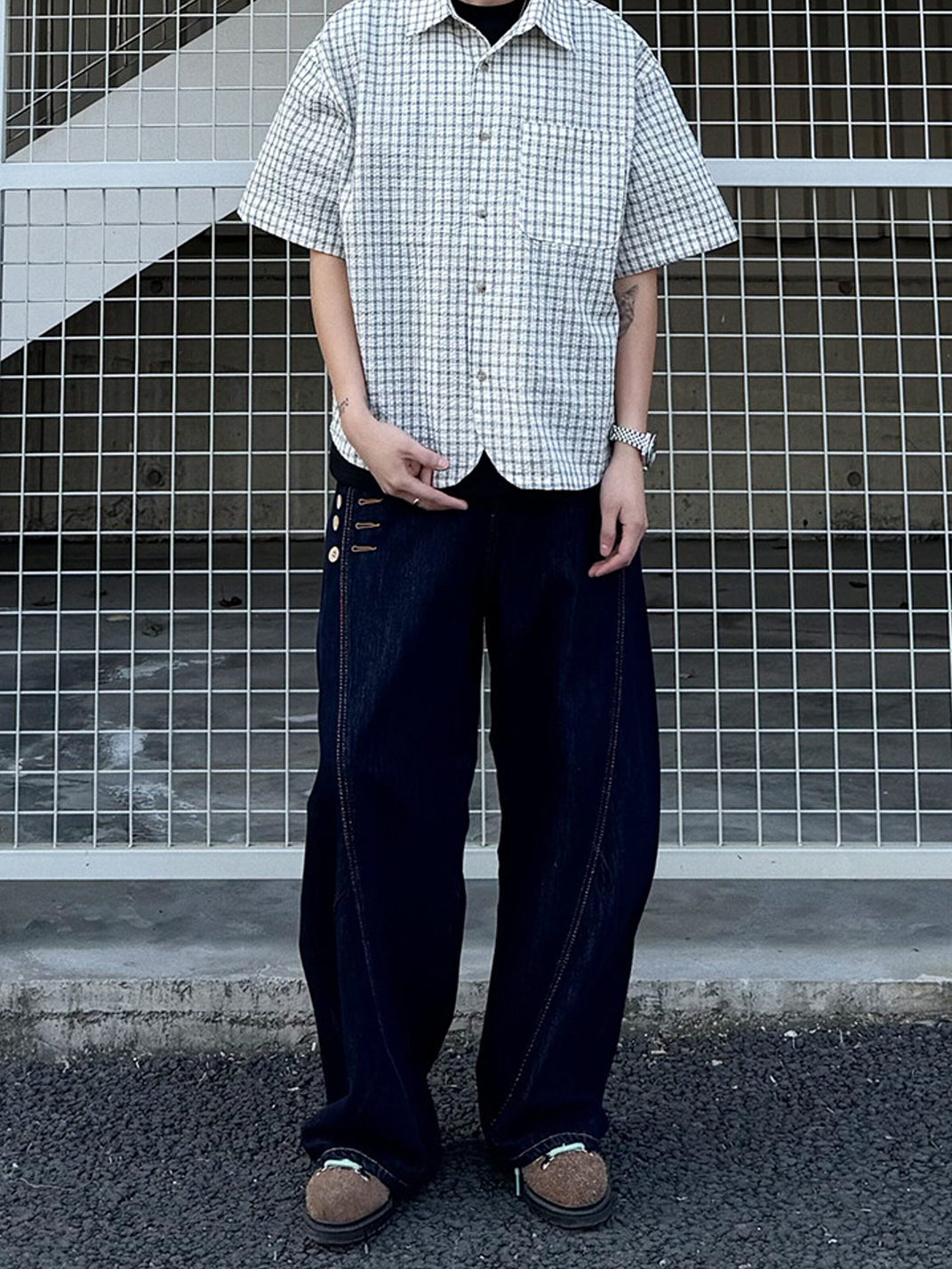 Oversized Short Sleeve Plaid Shirt