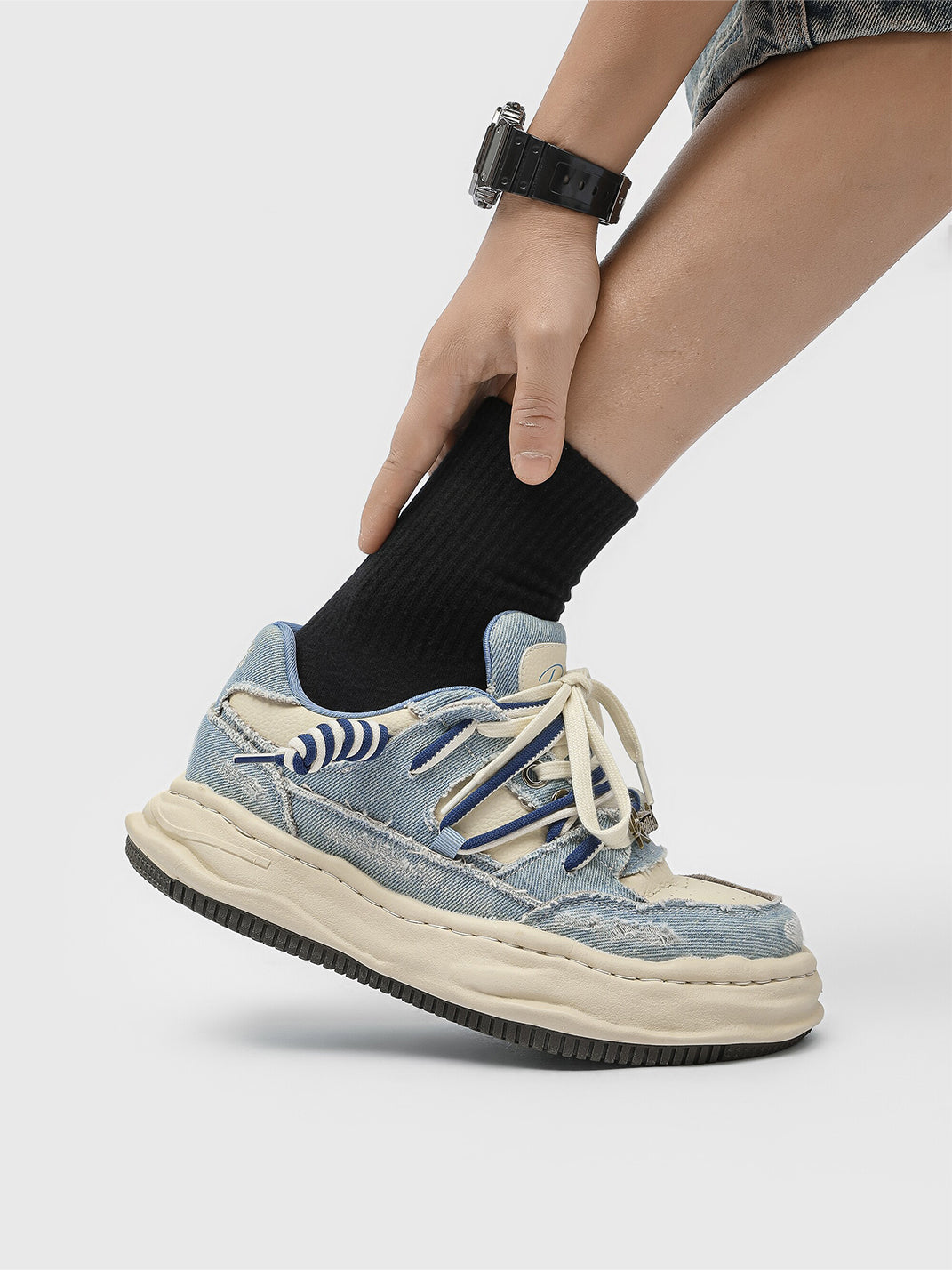 Distressed Denim Wavy Sole Sneakers with Dual-Lace Design