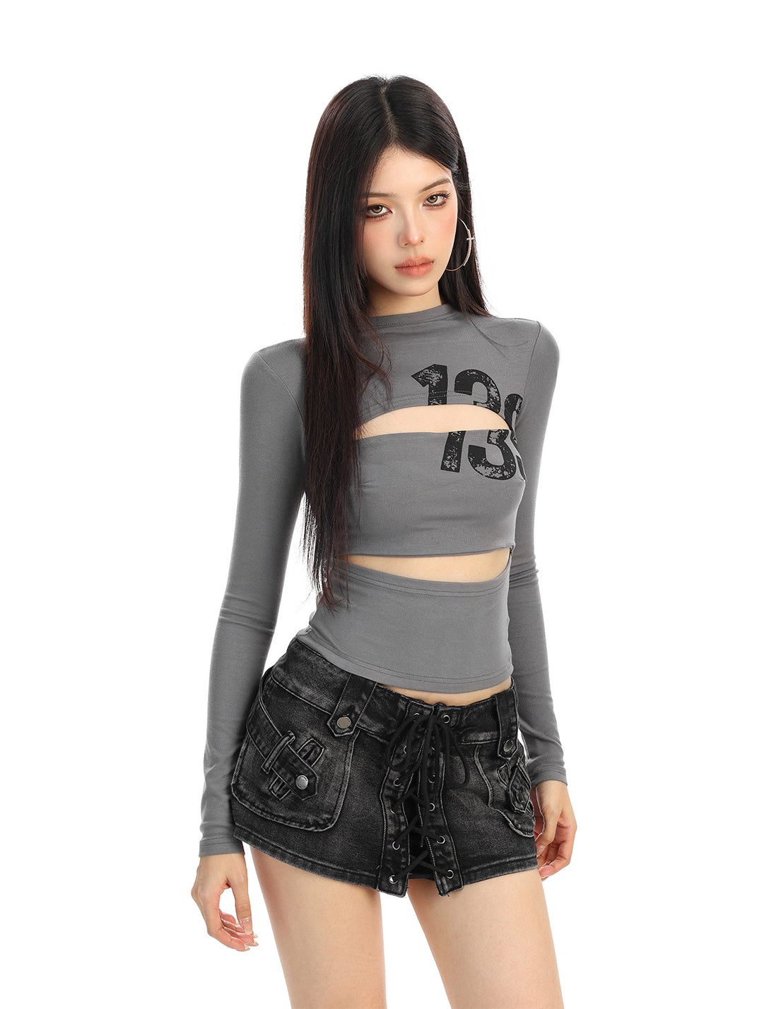 Cutout Number Graphic Long-Sleeve Top