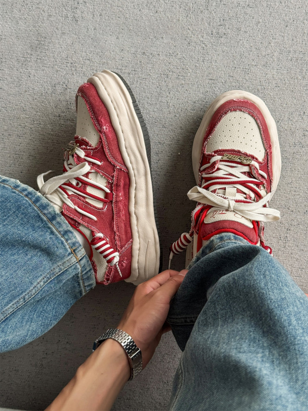 Retro Distressed Denim Wavy Sole Sneakers