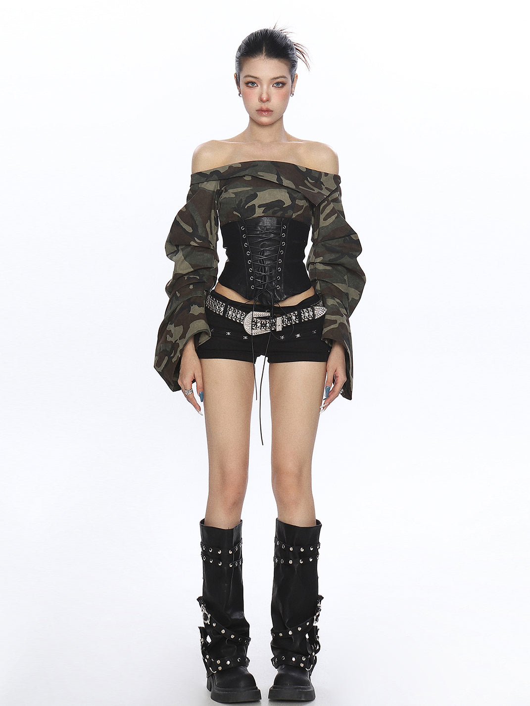 Camo Bardot Lace-Up Corset Top