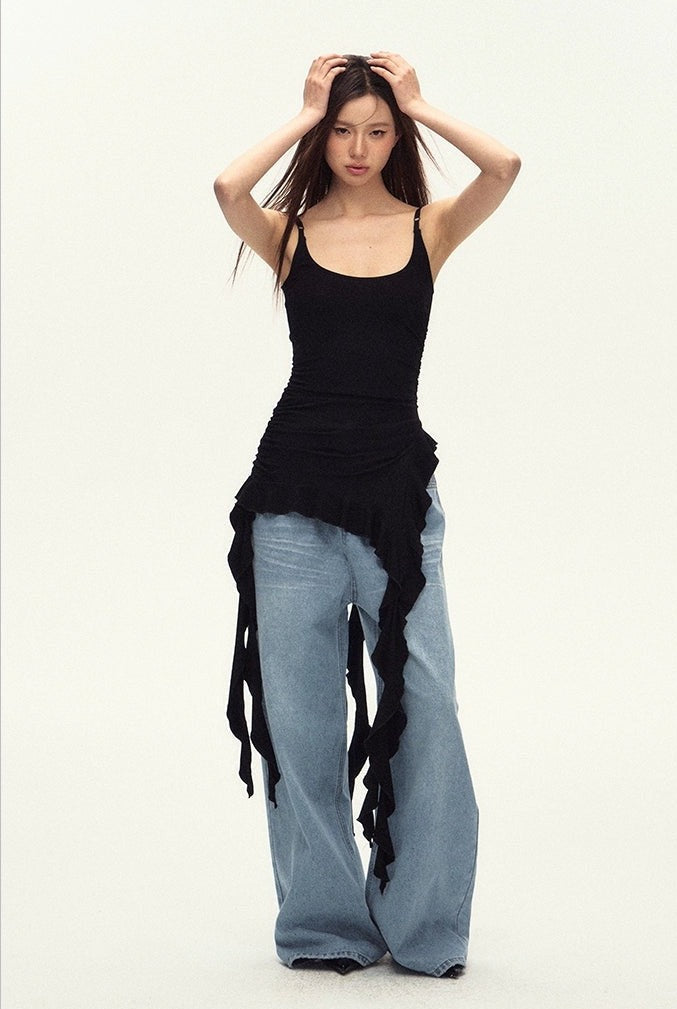 Ruched Asymmetric Black Cami Top