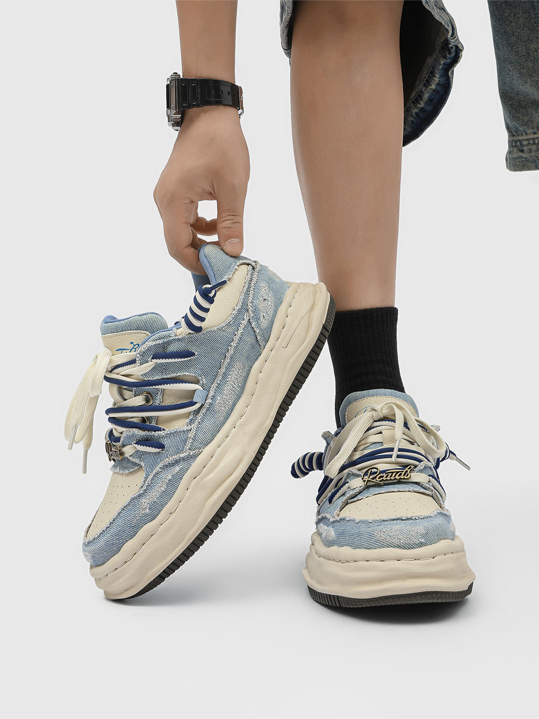 Distressed Denim Wavy Sole Sneakers with Dual-Lace Design