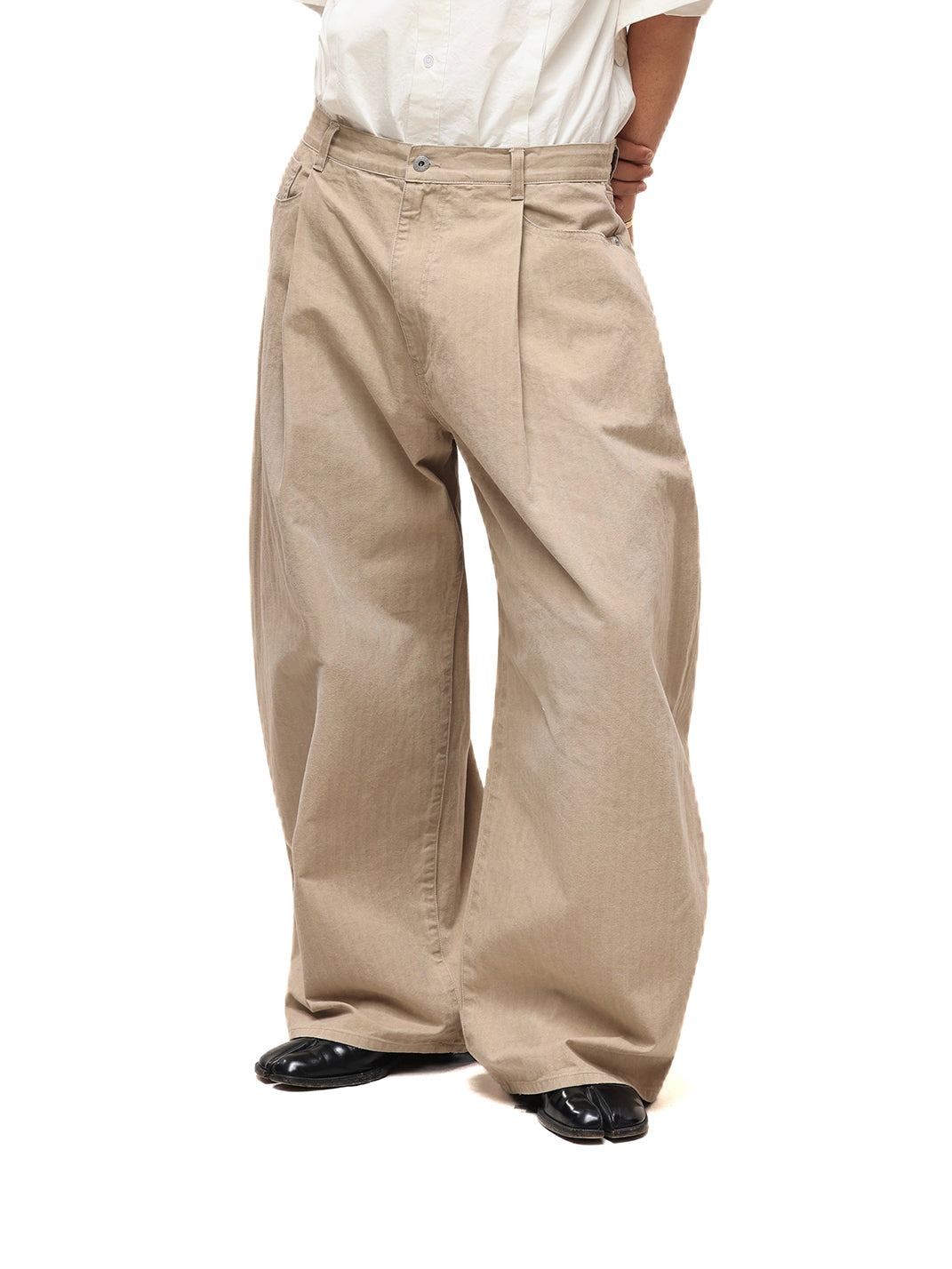 Khaki Classic Herringbone Washed Wide-Leg Trousers