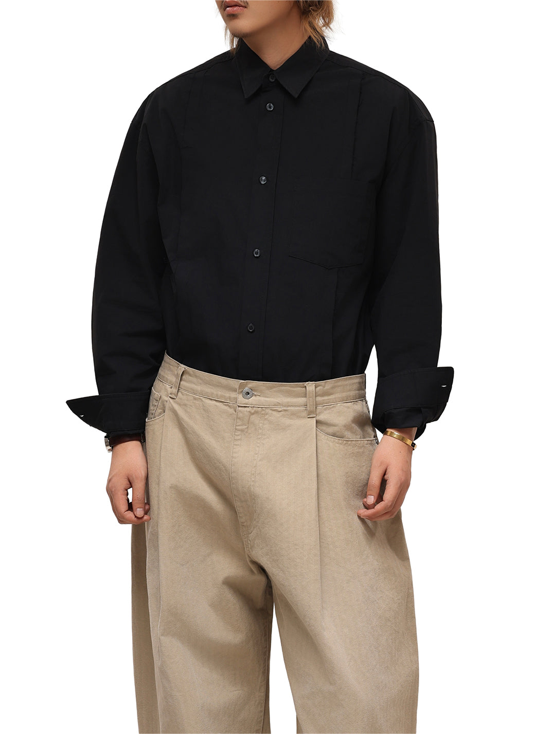 Patchwork Basic Black Cotton Poplin Embroidered Shirt