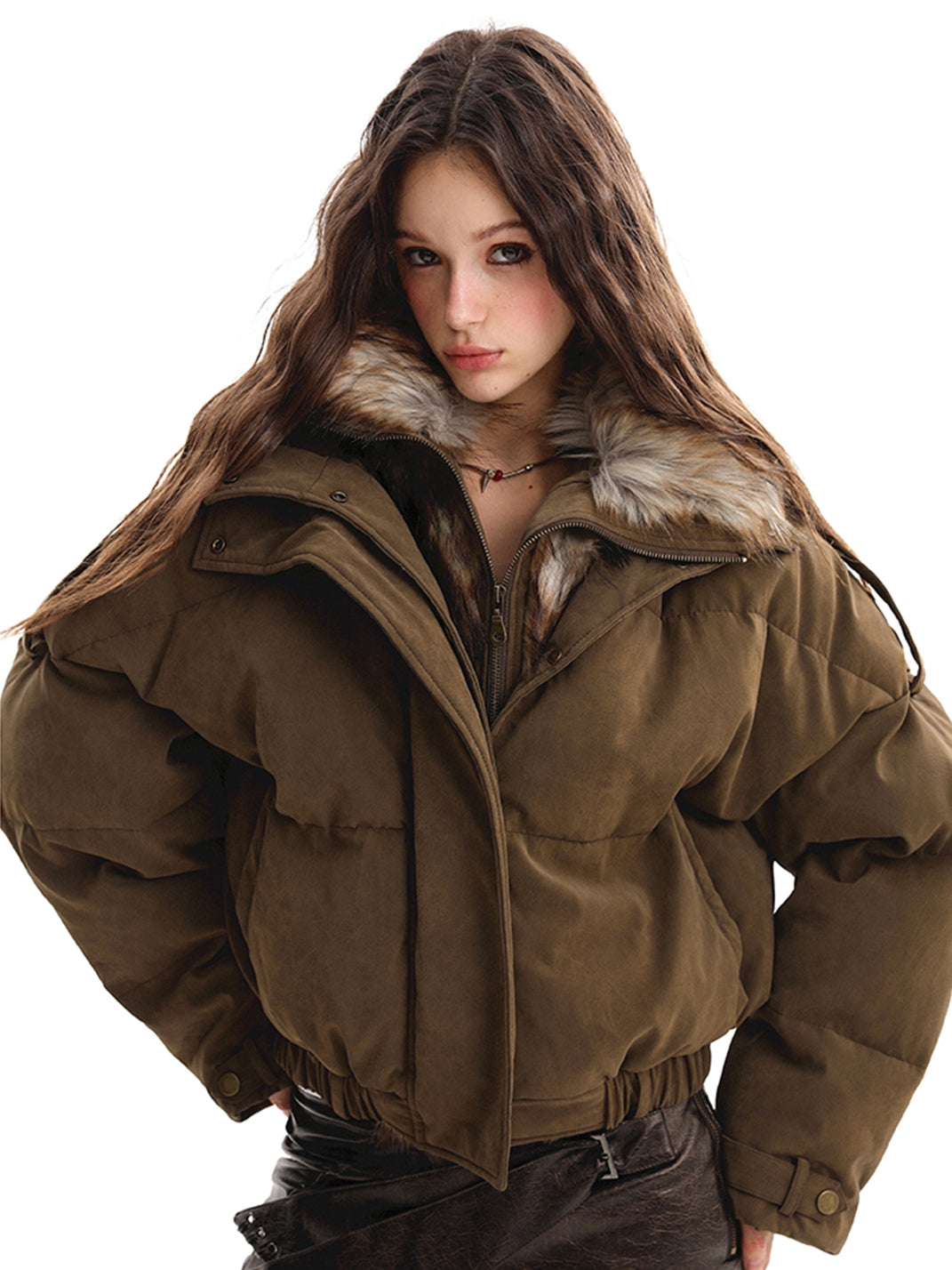 Faux Fur Collar Deconstructed Cargo Puffer Jacket