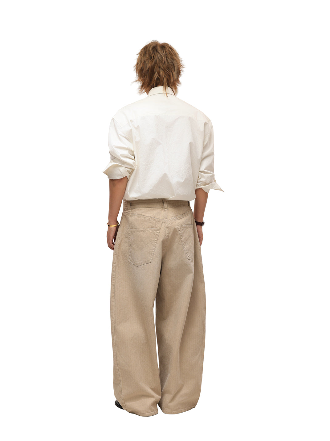 Khaki Classic Herringbone Washed Wide-Leg Trousers