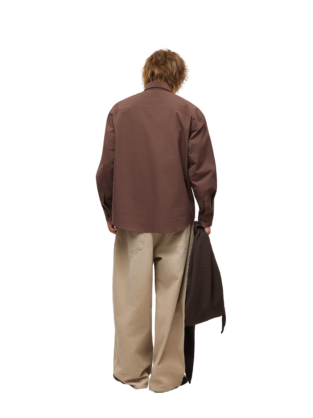 Patchwork Basic Brown Cotton Poplin Embroidered Shirt