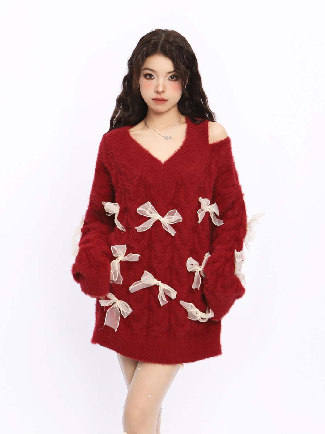 Off Shoulder Red Bow Knit Sweater