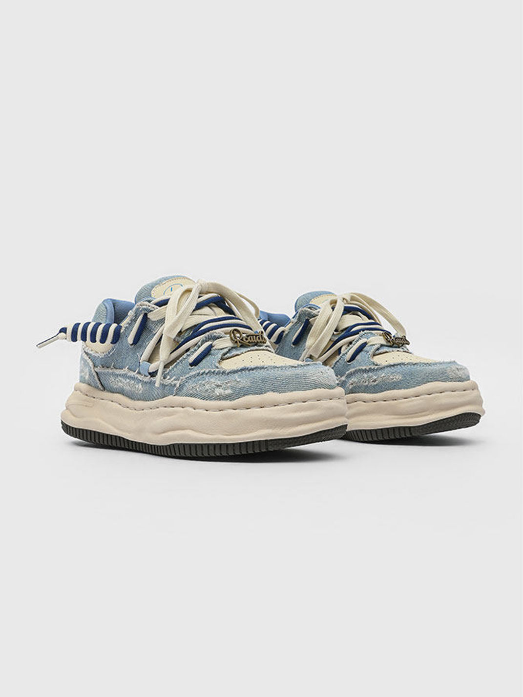 Distressed Denim Wavy Sole Sneakers with Dual-Lace Design
