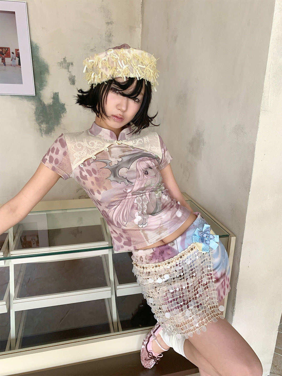 Lace-Spliced Cheongsam Collar Tee