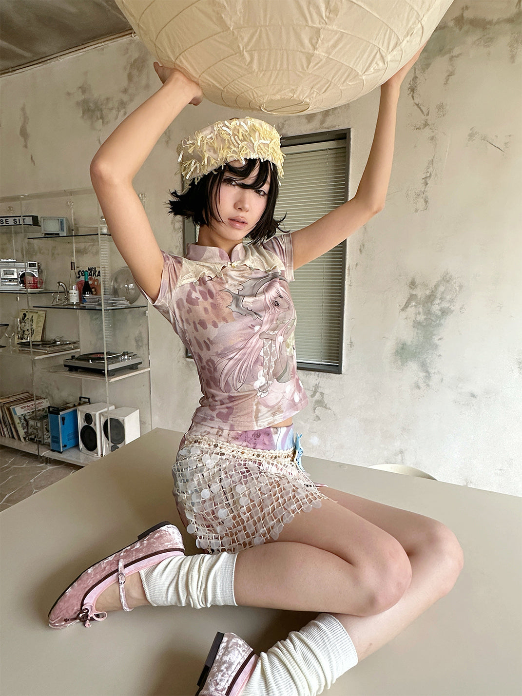 Lace-Spliced Cheongsam Collar Tee