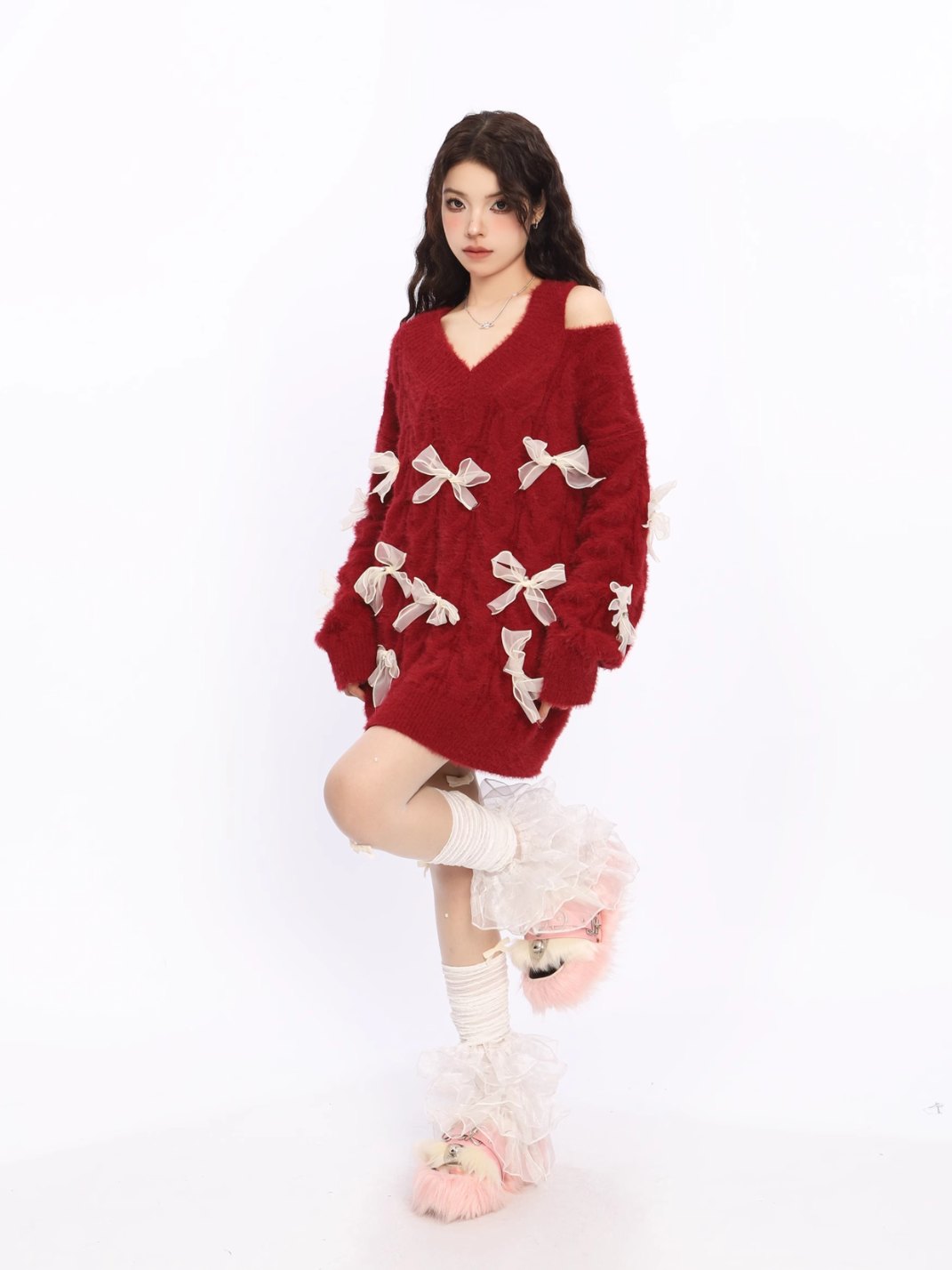 Off Shoulder Red Bow Knit Sweater