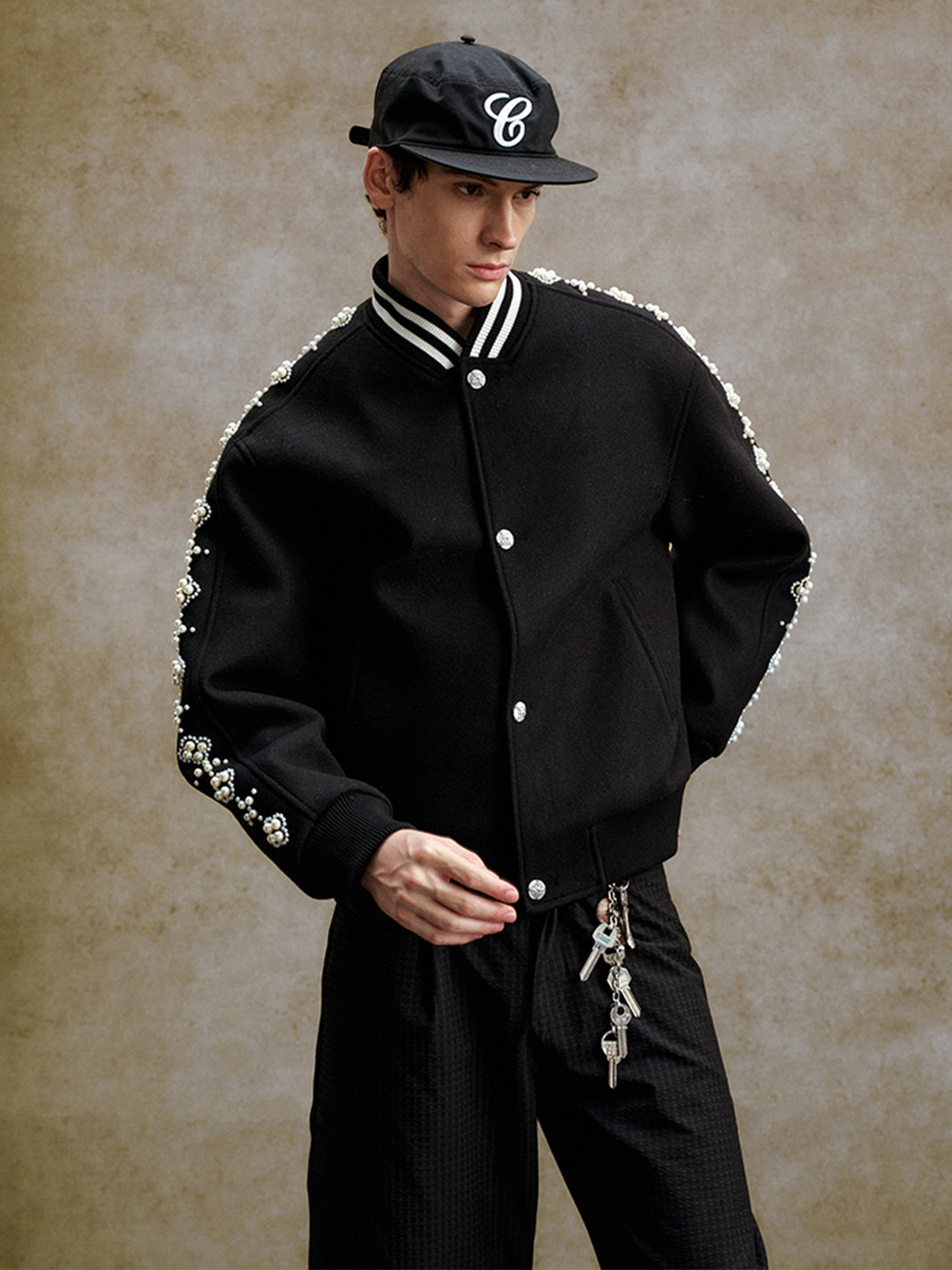 Quilted Pearl Beaded Baseball Jacket