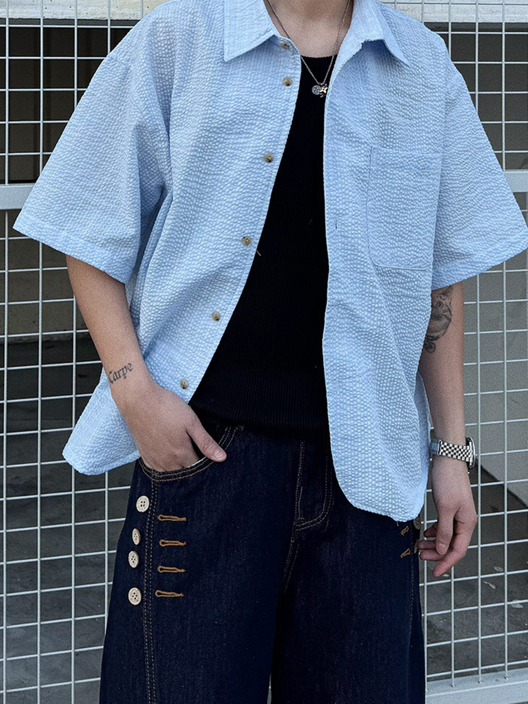 Oversized Short Sleeve Plaid Shirt
