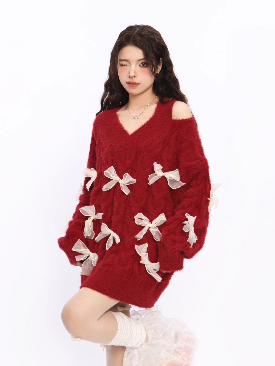Off Shoulder Red Bow Knit Sweater