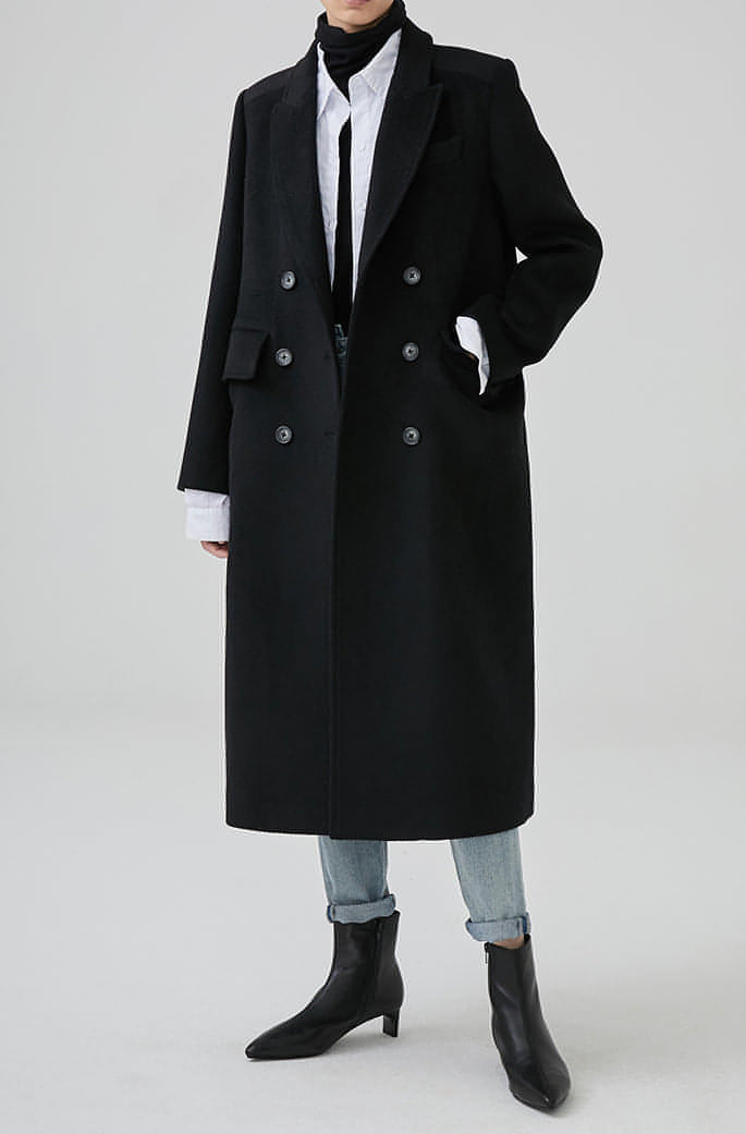 Winter Double-Breasted Mid-Length Black Wool Coat In Hepburn Style - chiclara