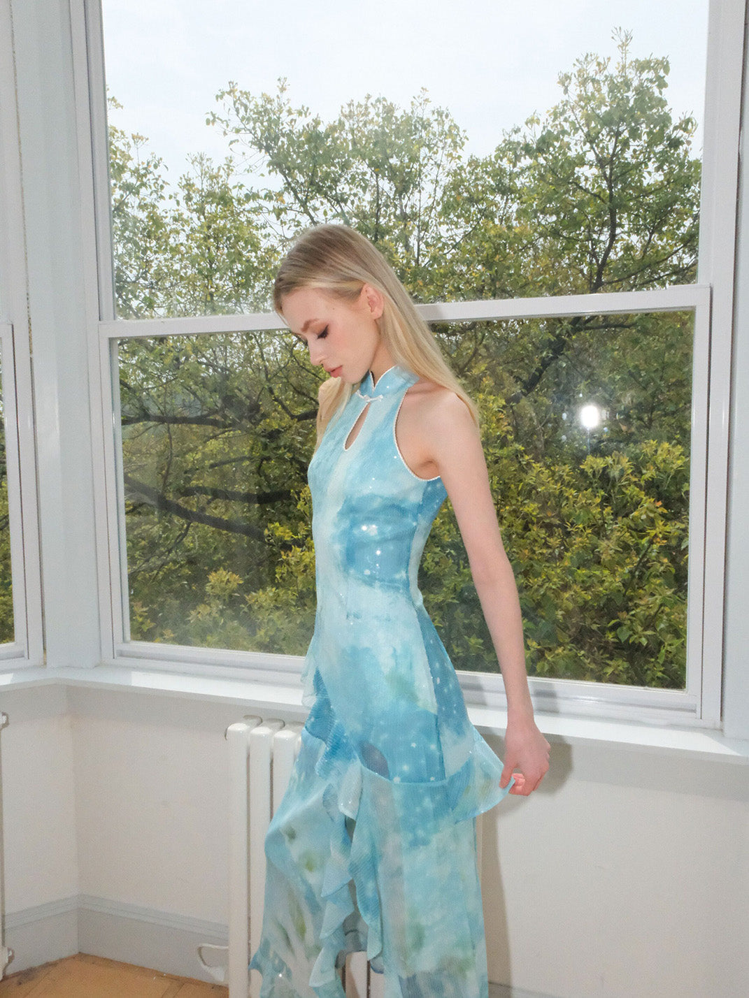 Mint Sequin Ruffle Cheongsam Dress