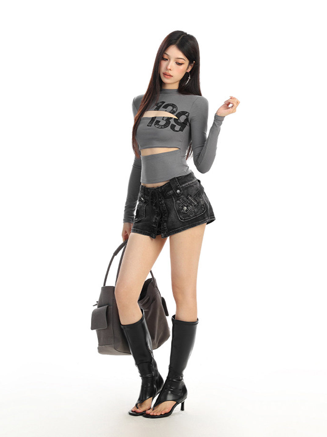 Cutout Number Graphic Long-Sleeve Top