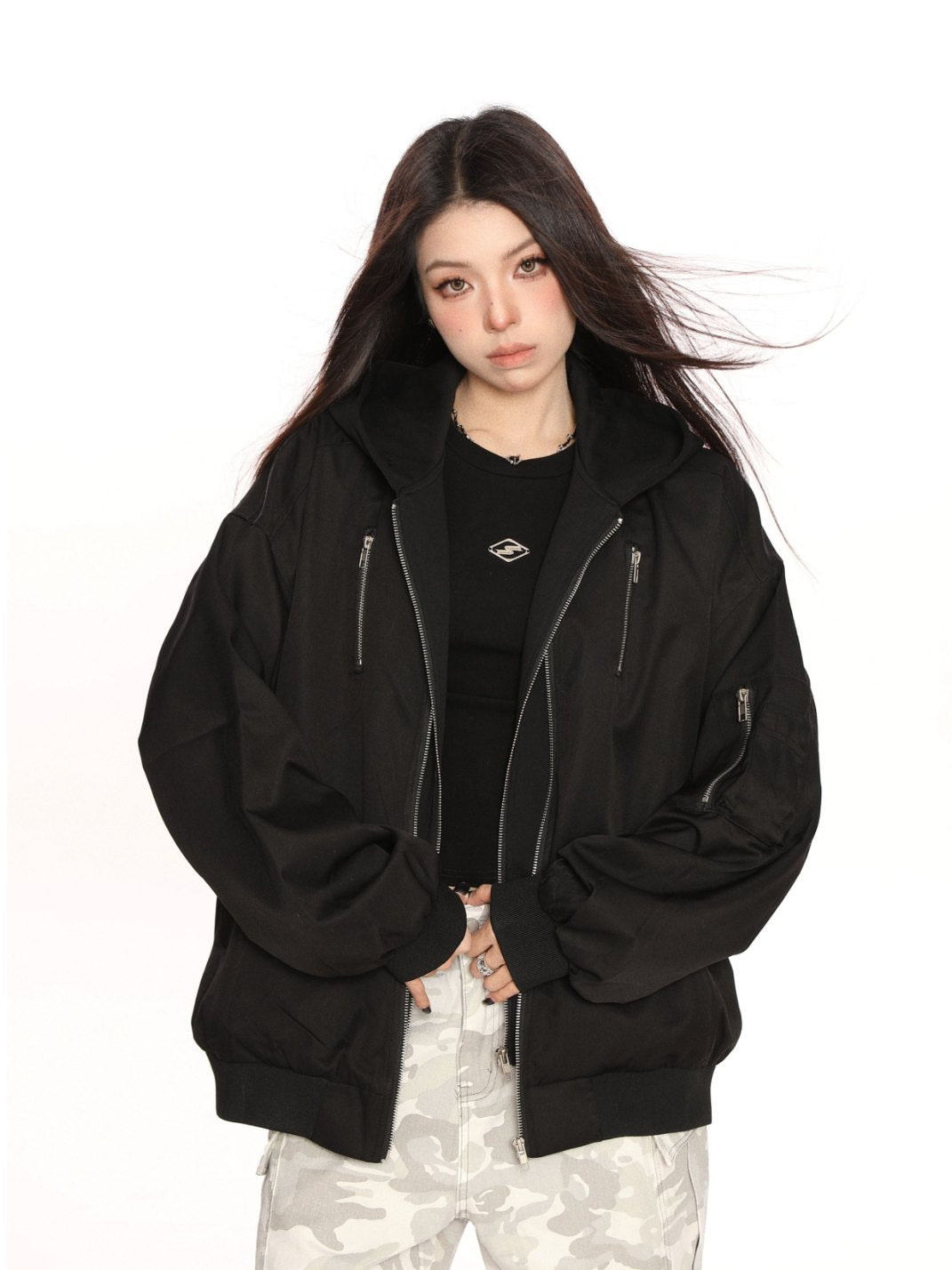 Hooded Bomber Jacket Faux 2 Piece Design