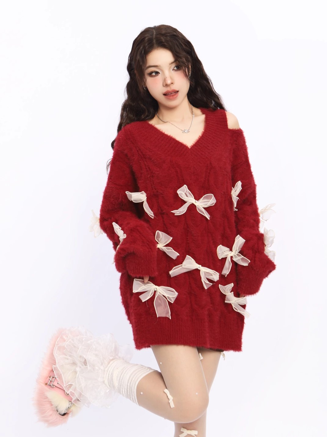 Off Shoulder Red Bow Knit Sweater