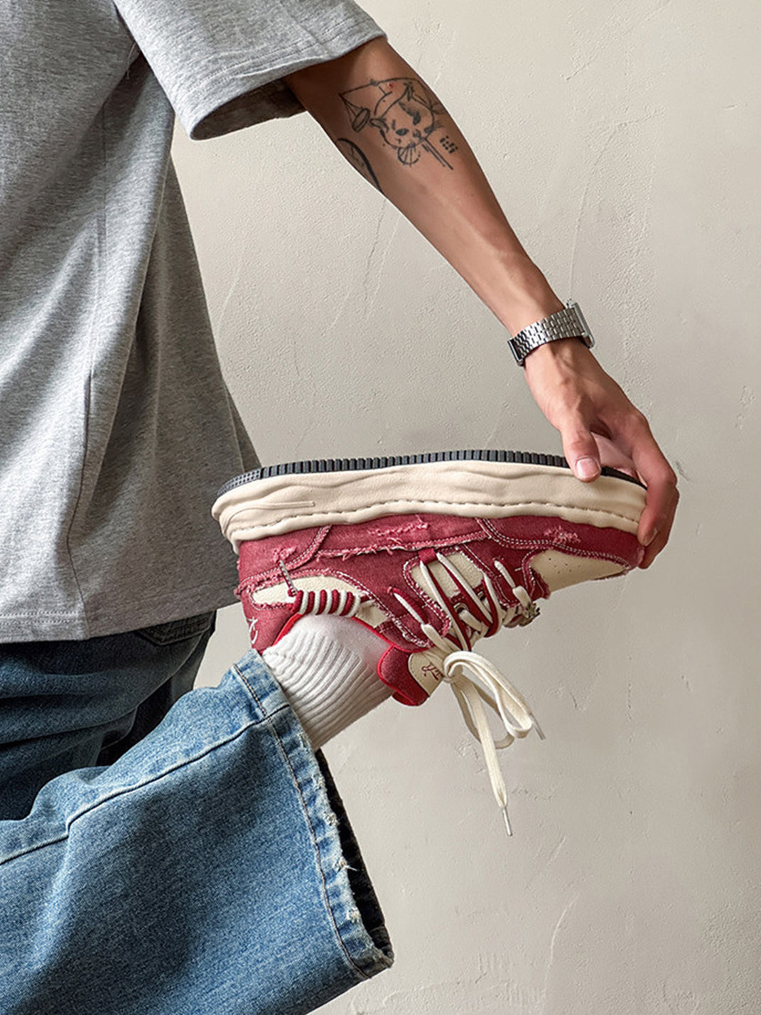 Retro Distressed Denim Wavy Sole Sneakers