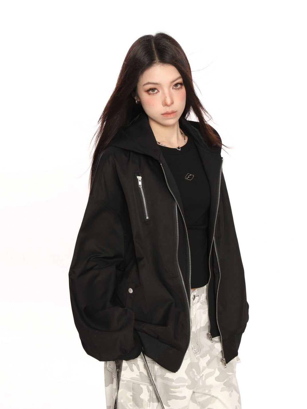 Hooded Bomber Jacket Faux 2 Piece Design