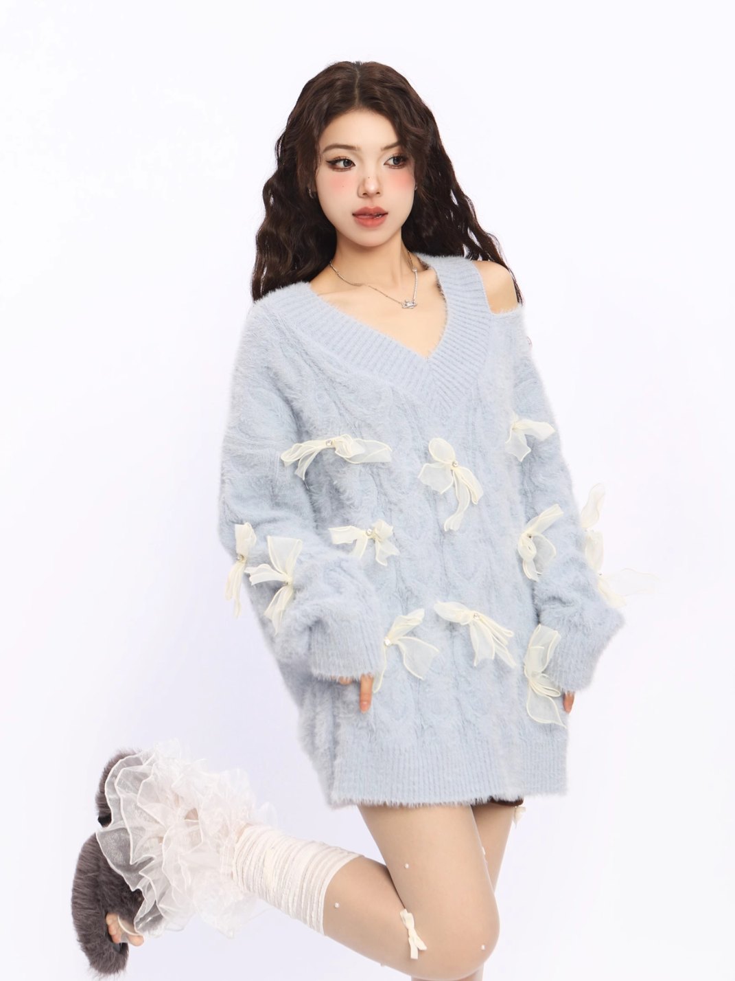 Off Shoulder Red Bow Knit Sweater