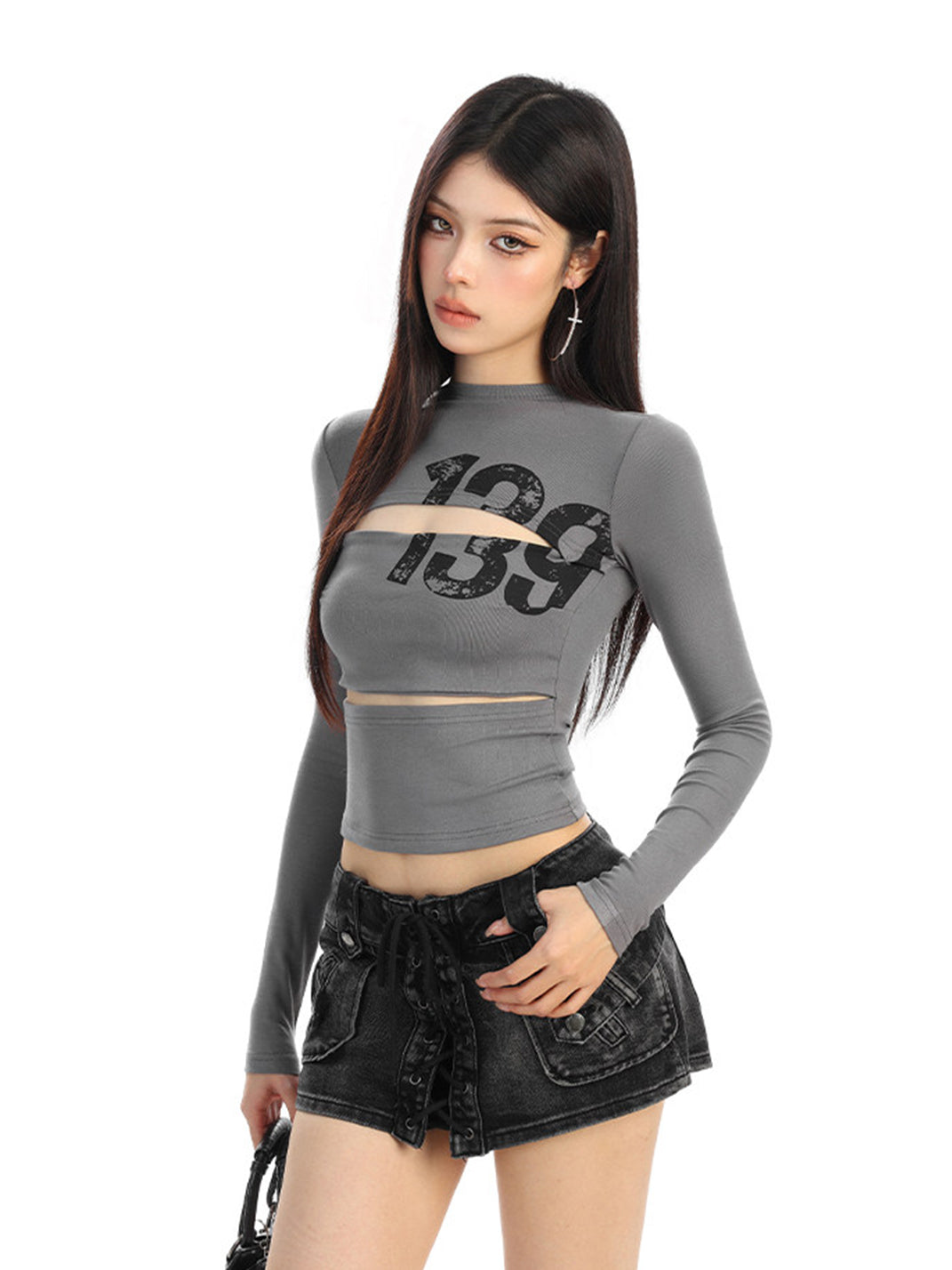 Cutout Number Graphic Long-Sleeve Top