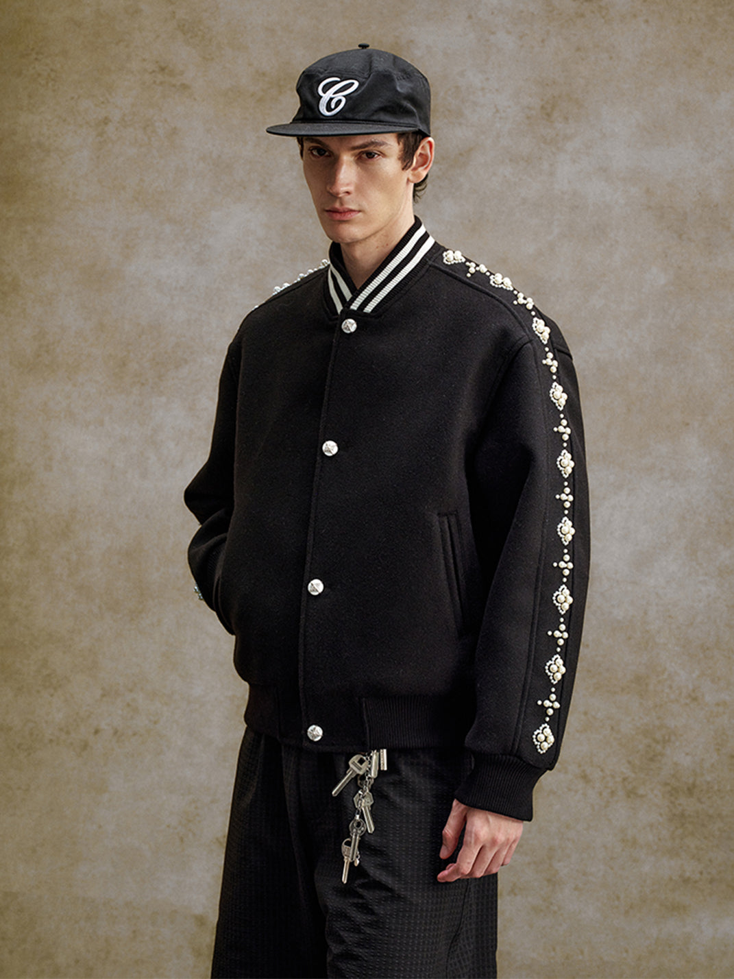 Quilted Pearl Beaded Baseball Jacket