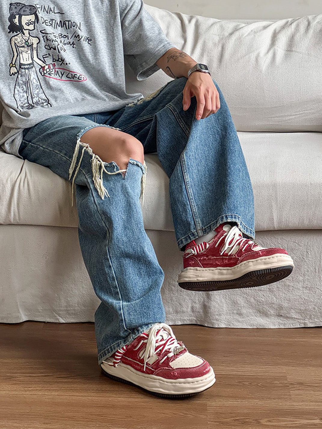 Retro Distressed Denim Wavy Sole Sneakers