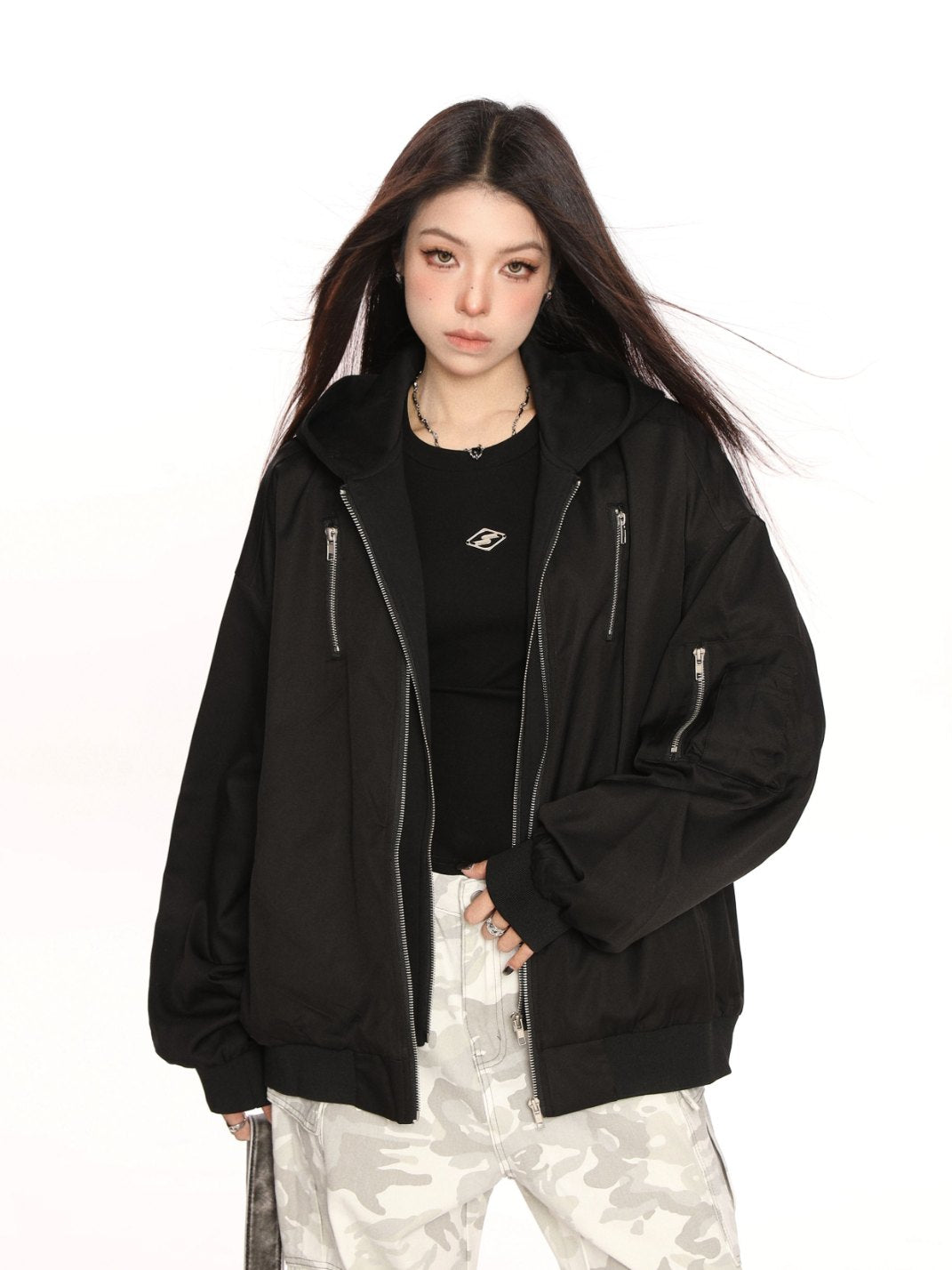 Hooded Bomber Jacket Faux 2 Piece Design