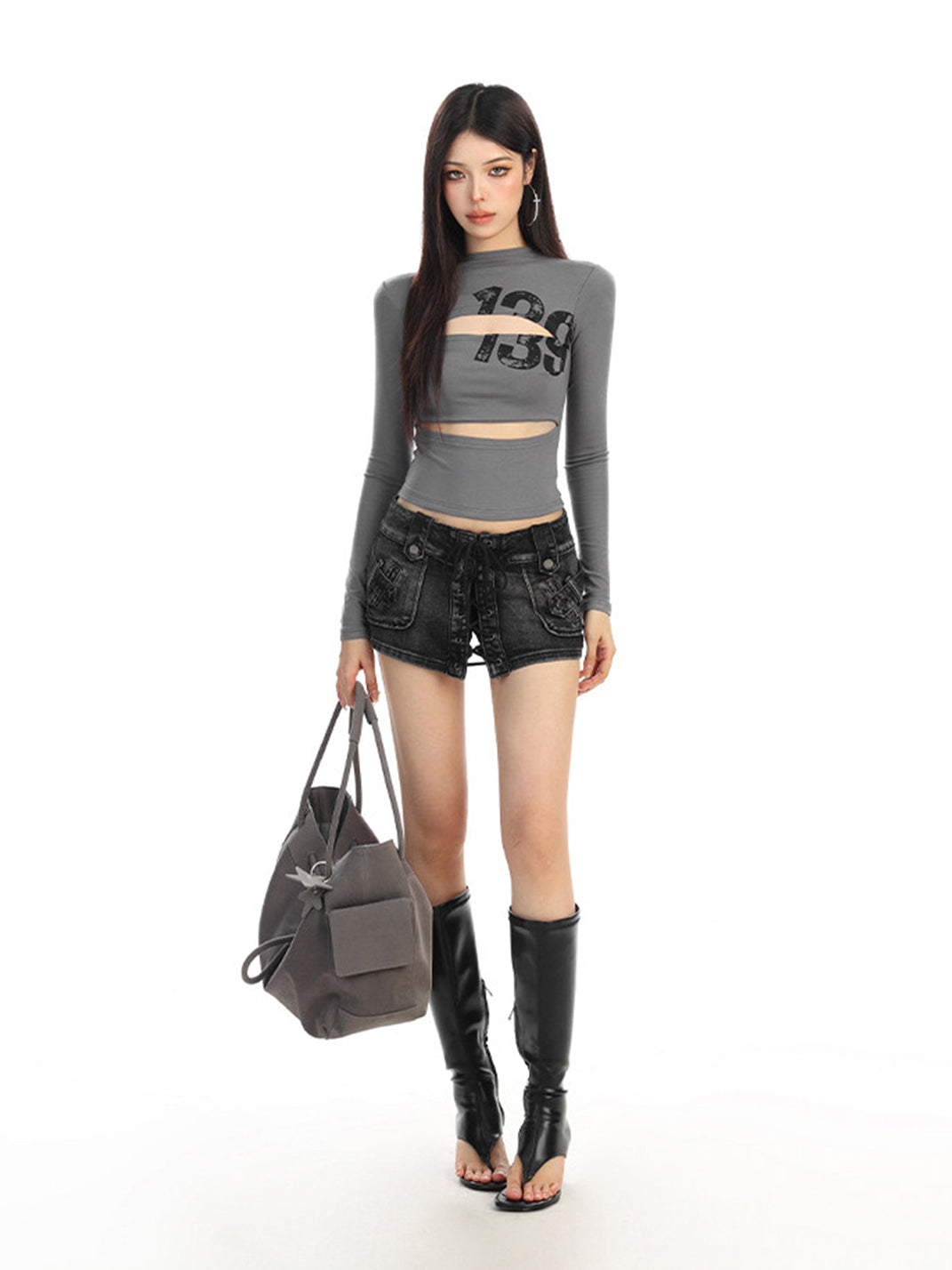 Cutout Number Graphic Long-Sleeve Top