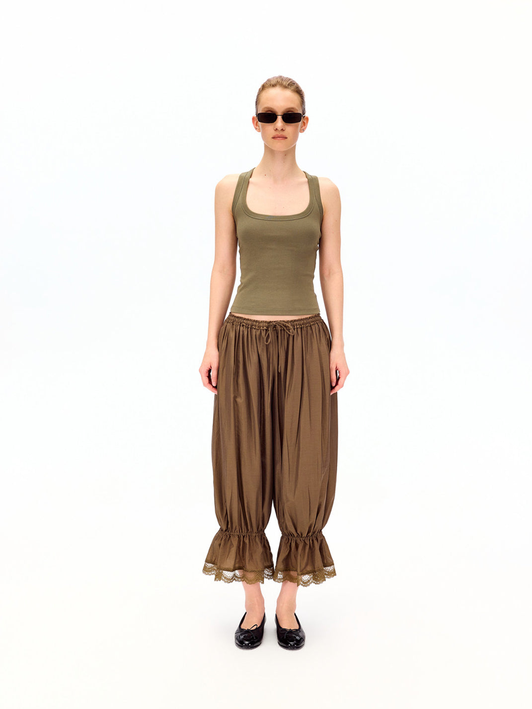 Lace Hem Drawstring Cropped Balloon Pants