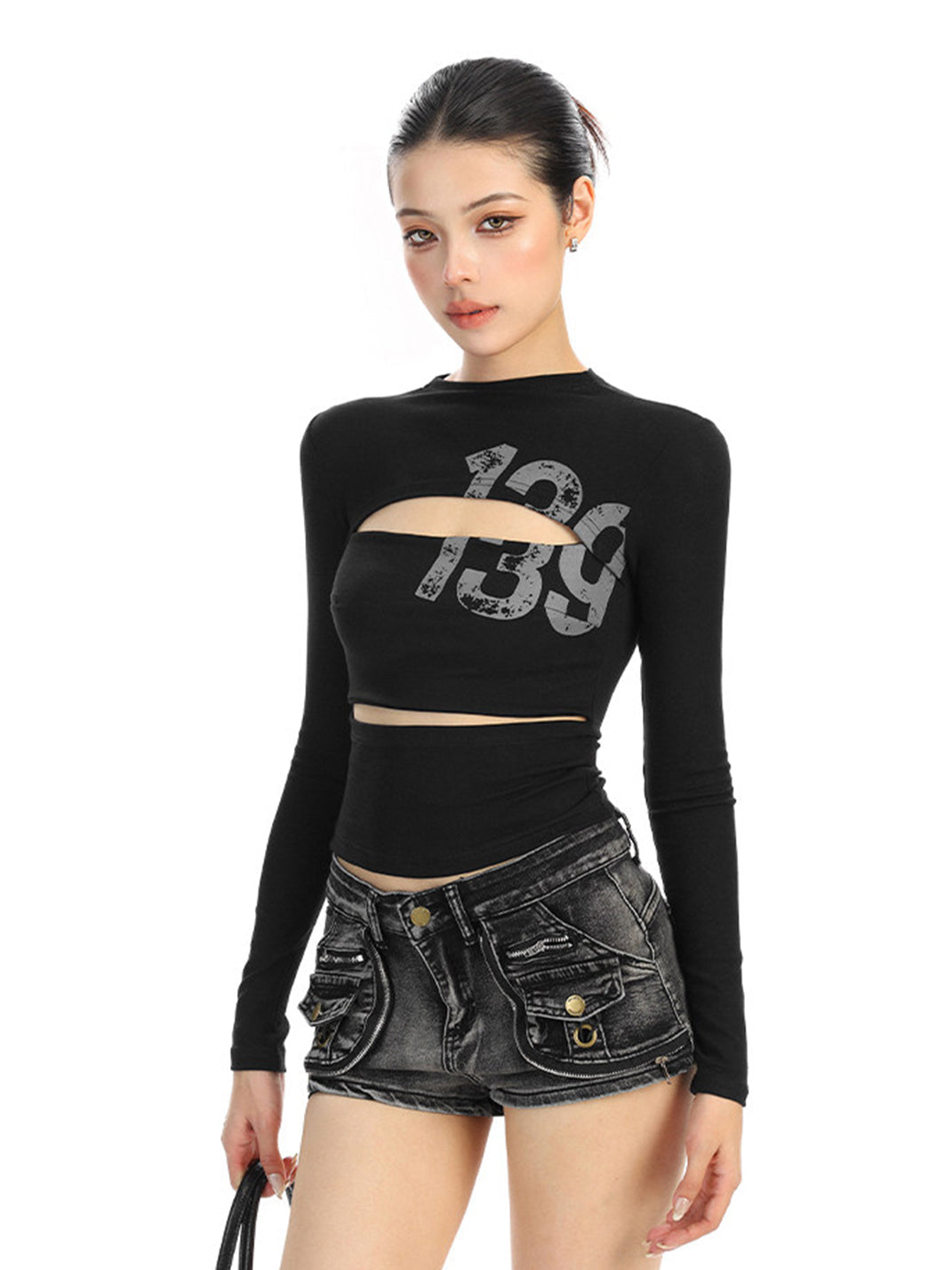 Cutout Number Graphic Long-Sleeve Top