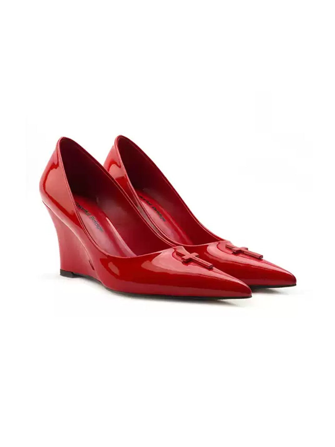 Cross-Detail Patent Leather Pointed Wedge Pumps - view 7