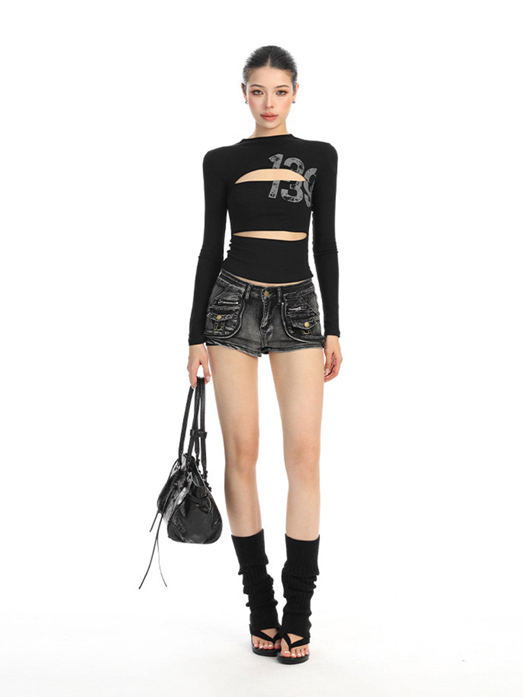 Cutout Number Graphic Long-Sleeve Top