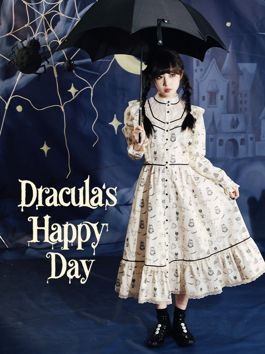 Cream Ghost Print Victorian Style Dress