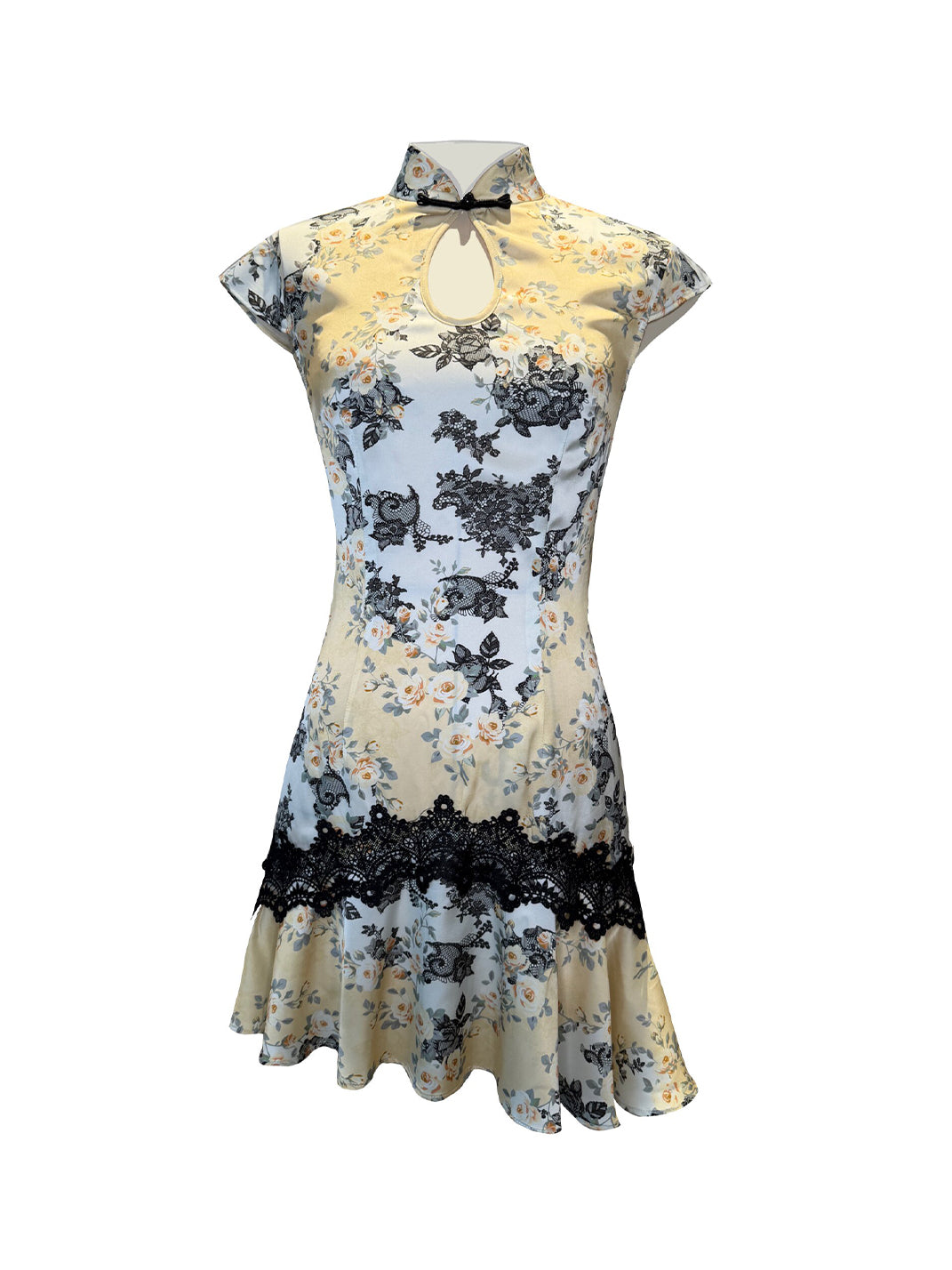 Satin Floral Lace-Spliced Dress