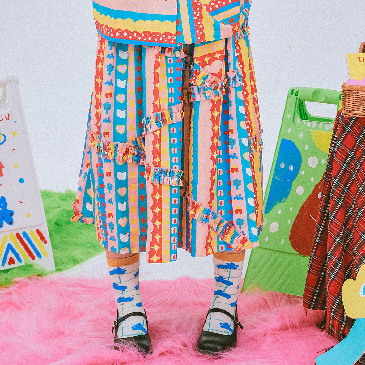 Kawaii Stripe Ruffle Midi Skirt