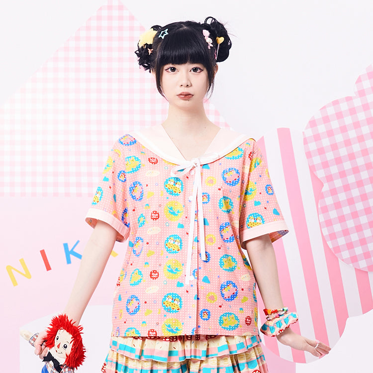 Pink Floral Sailor Collar Short Blouse