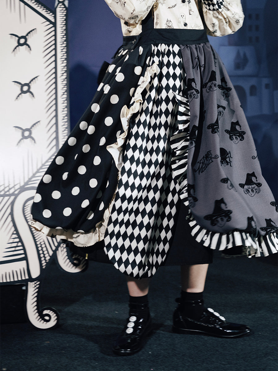 Monochrome Witch Mixed Pattern Suspender Skirt